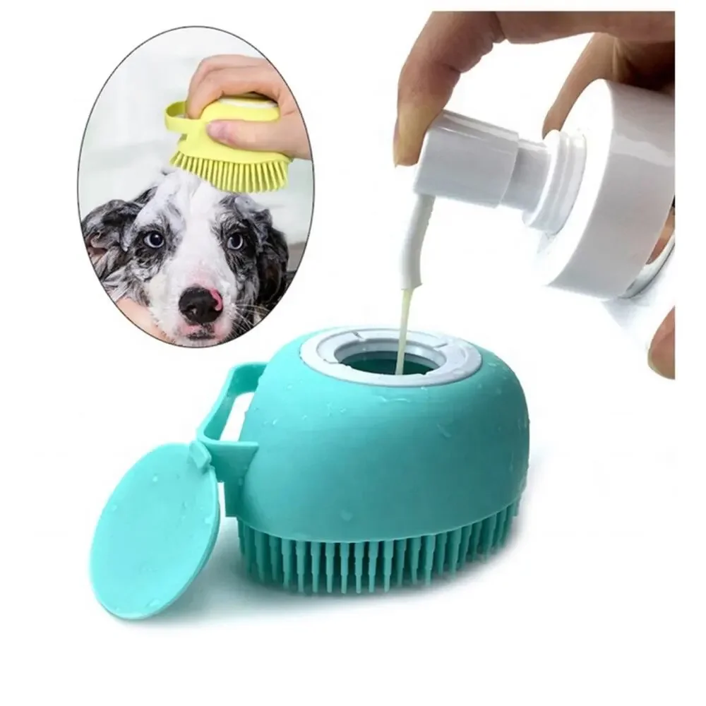 NEW blue square massaging shampoo dispenser grooming silicone dog bath brush 190